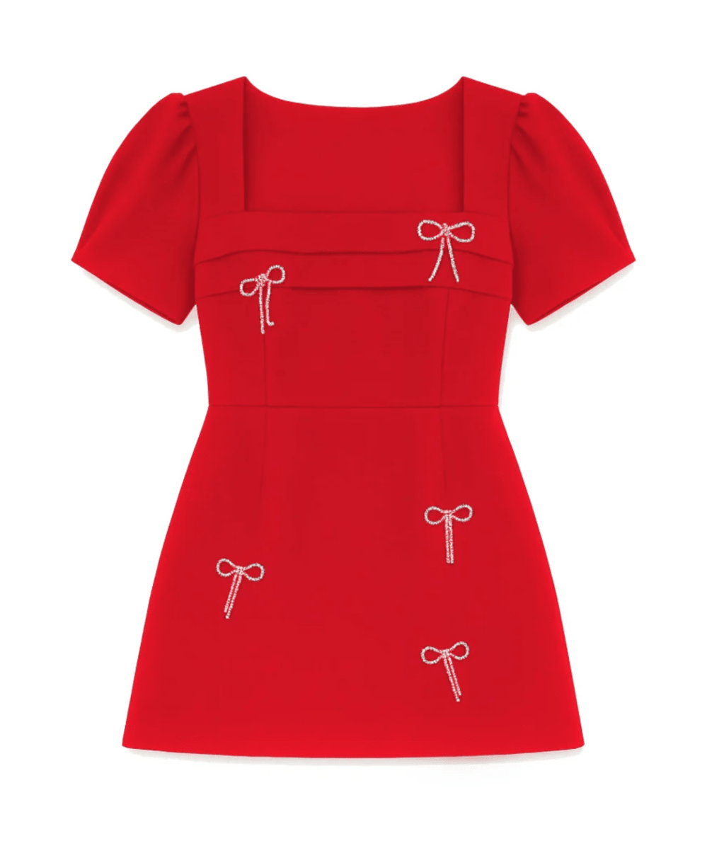 Tween Kora Bow Embellished Occasion Dress in Red by KatieJ NYC with sparkling bow embellishments - CAKEWISH.