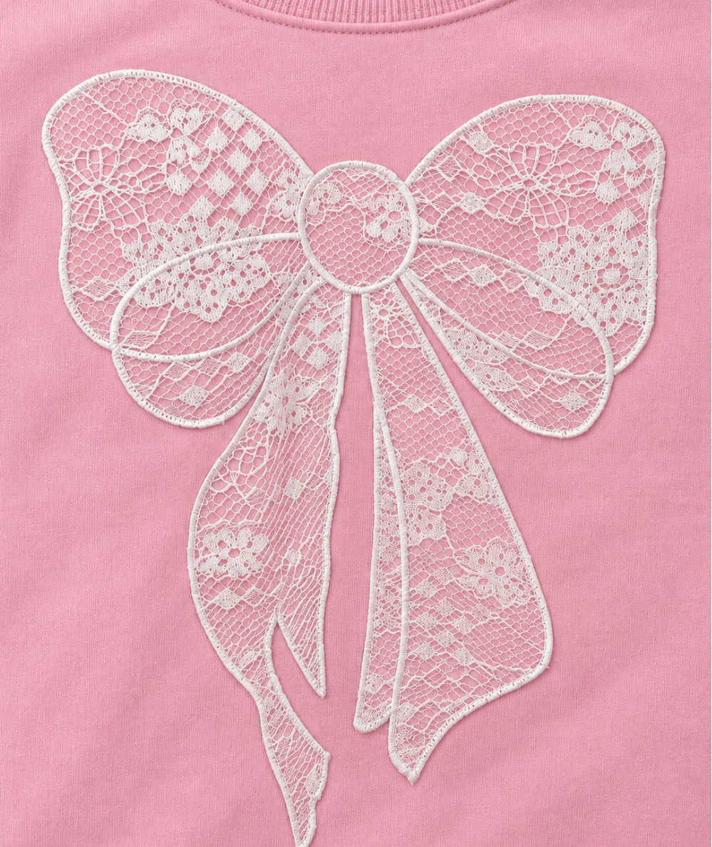 Tween Lace Bow Pink Sweatshirt by Iscream with pink crewneck sweatshirt - CAKEWISH.