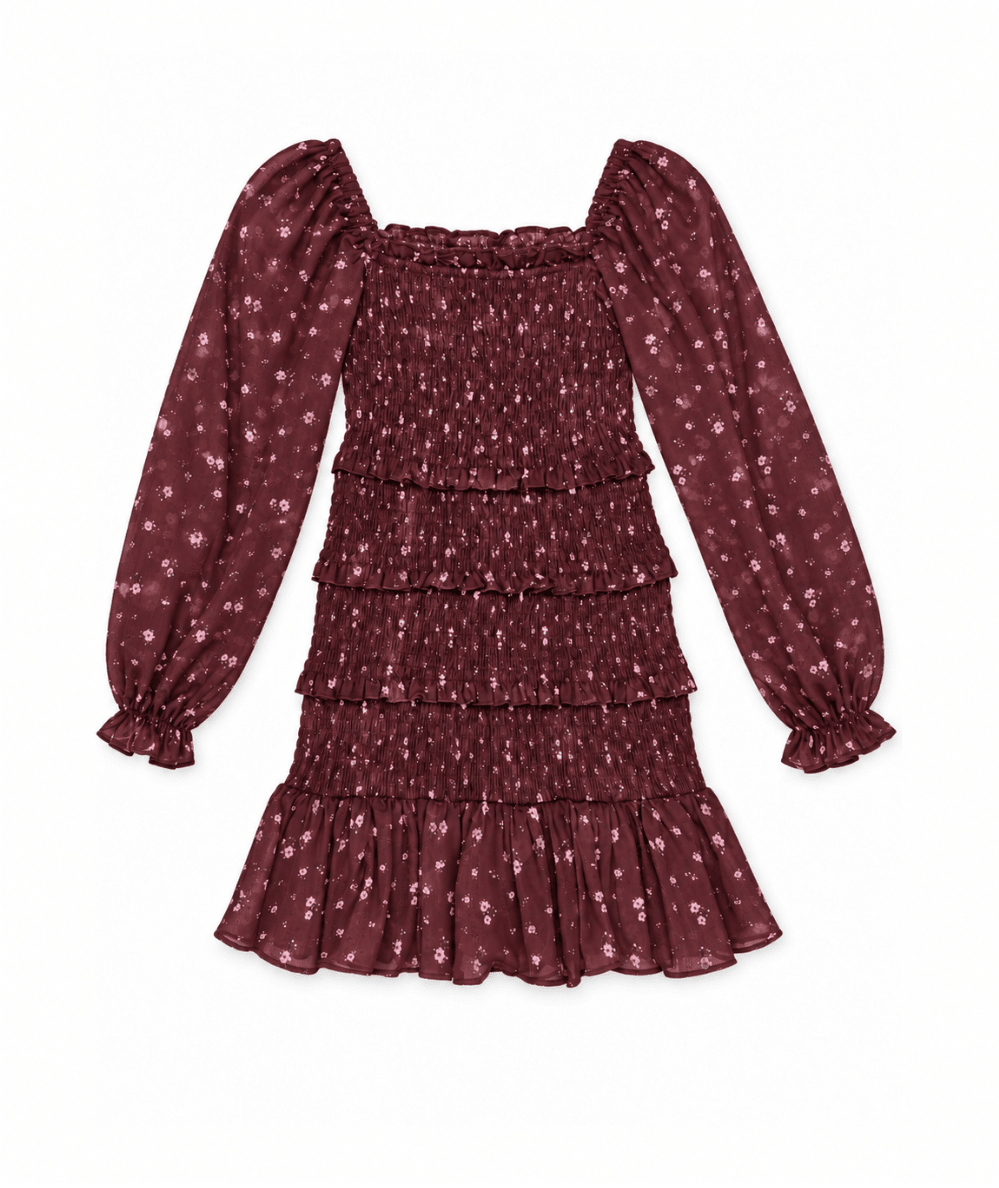 Tween Laila Long Sleeve Floral Print Dress in Burgundy Garden Bloom - CAKEWISH