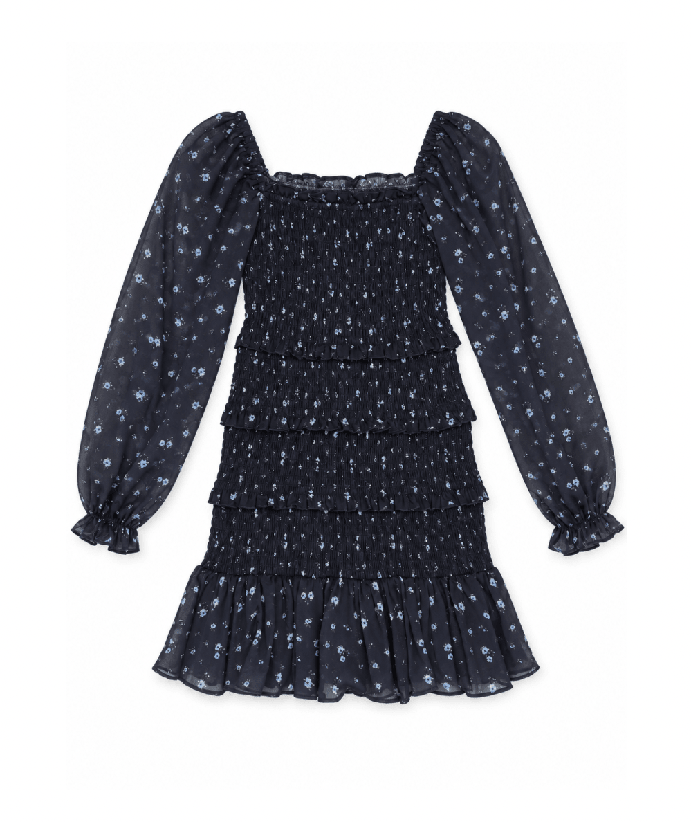 KatieJ NYC Tween Laila Long Sleeve Floral Dress in Evening Blue Garden with blue flowers, smocking, puff sleeves and tiered ruffles. For ages 7-13