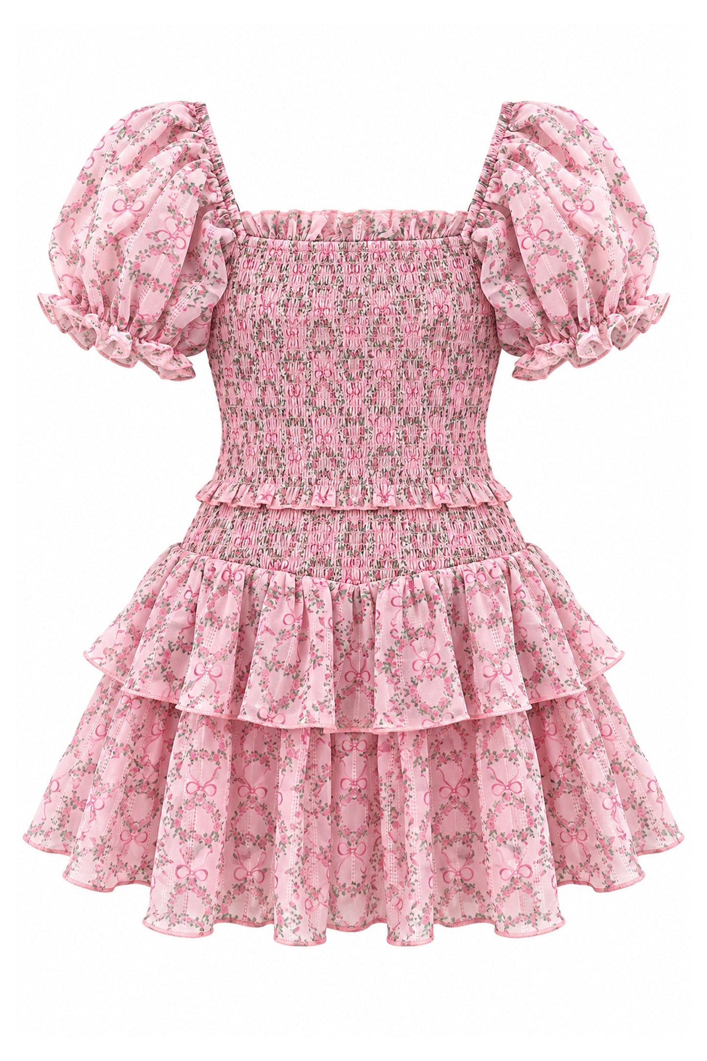 KatieJ NYC Tween Lainey Dress in Pink Sweetheart Floral with puff sleeves, smocked bodice and tiered skirt - CAKEWISH