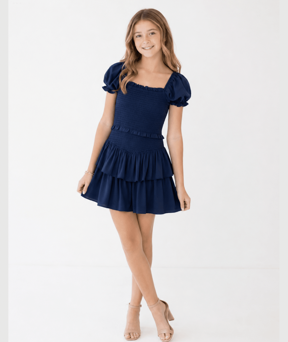 Tween Lainey Puff Sleeve Dress in Evening Blue - CAKEWISH