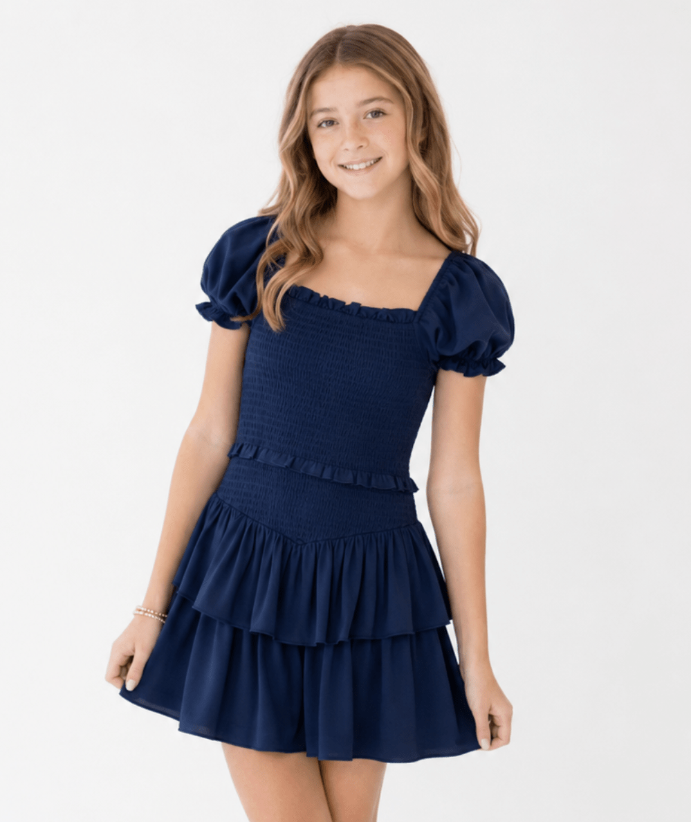 Tween Lainey Puff Sleeve Dress in Evening Blue - CAKEWISH