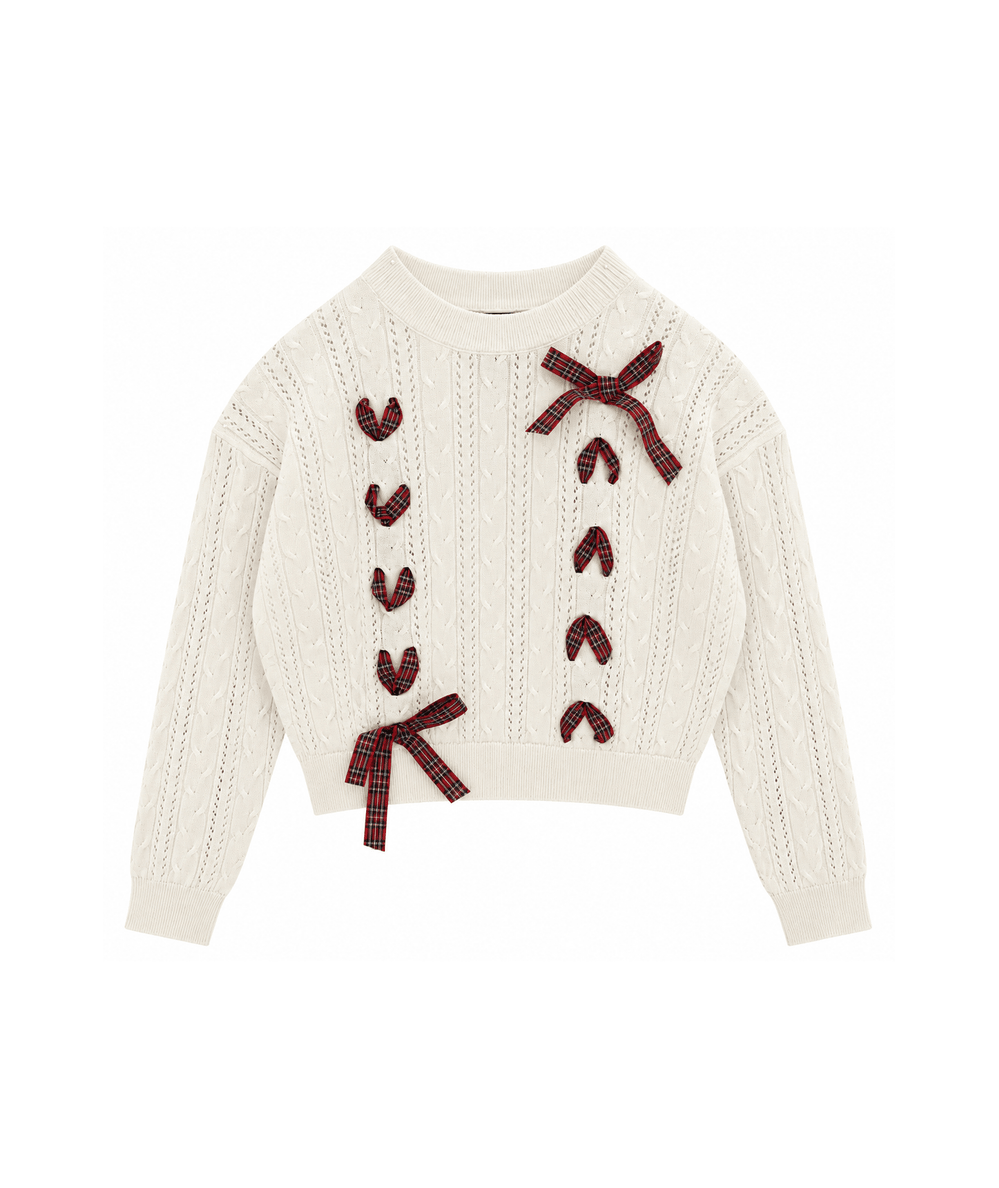 Tween Libby Tartan Ribbon Sweater in White/Festive Red Tart by KatieJ NYC with white cable-knit design - CAKEWISH.