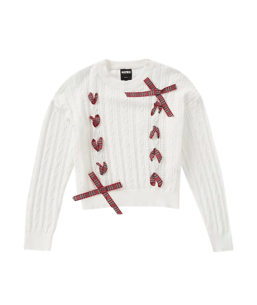 KatieJ NYC Tween Libby Tartan Ribbon Sweater in white cable knit - CAKEWISH