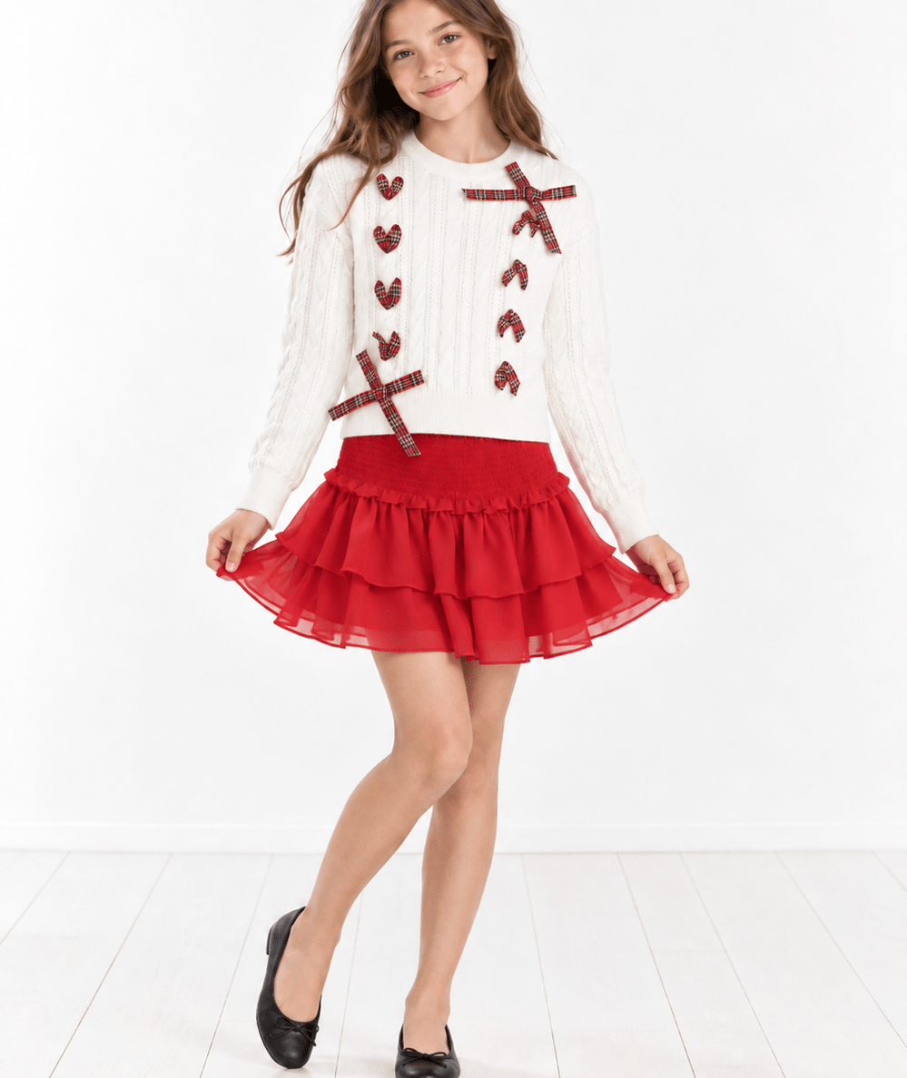 KatieJ NYC Tween Libby sweater with woven red tartan ribbon detail - CAKEWISH