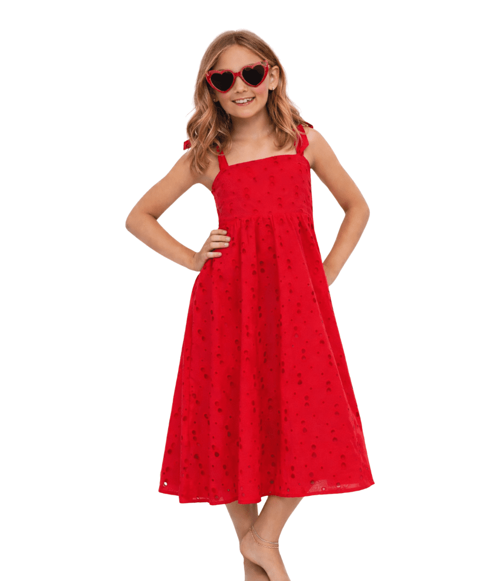Tween Little Charolette Eyelet Dress in Red with Tie Straps CAKEWISH Tween Little Charolette Eyelet Dress in Red with Tie Straps CAKEWISH