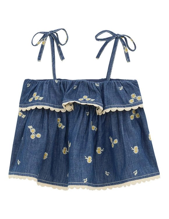 Tween Lucky Daisy Embroidered Denim Top - CAKEWISH