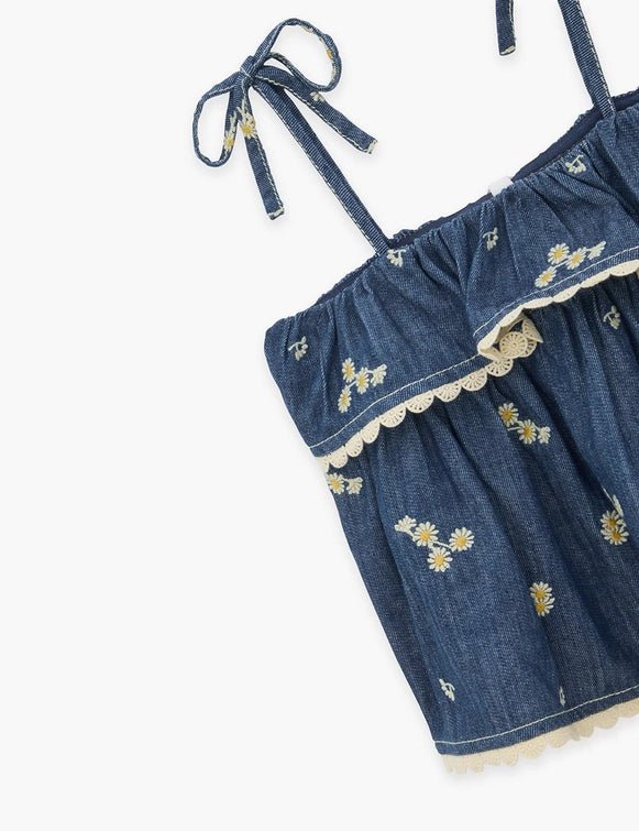 Tween Lucky Daisy Embroidered Denim Top - CAKEWISH
