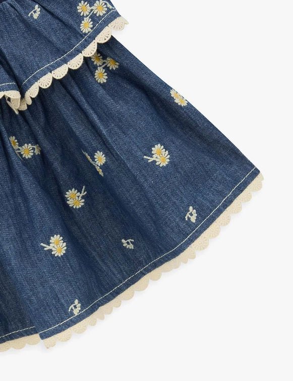 Tween Lucky Daisy Embroidered Denim Top - CAKEWISH