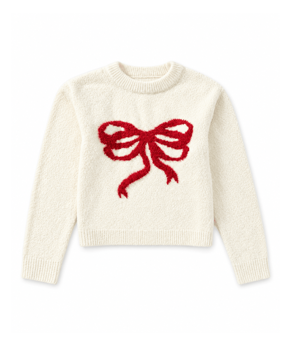 Tween Maggie Sweater In Ivory With Red Bow - CAKEWISH