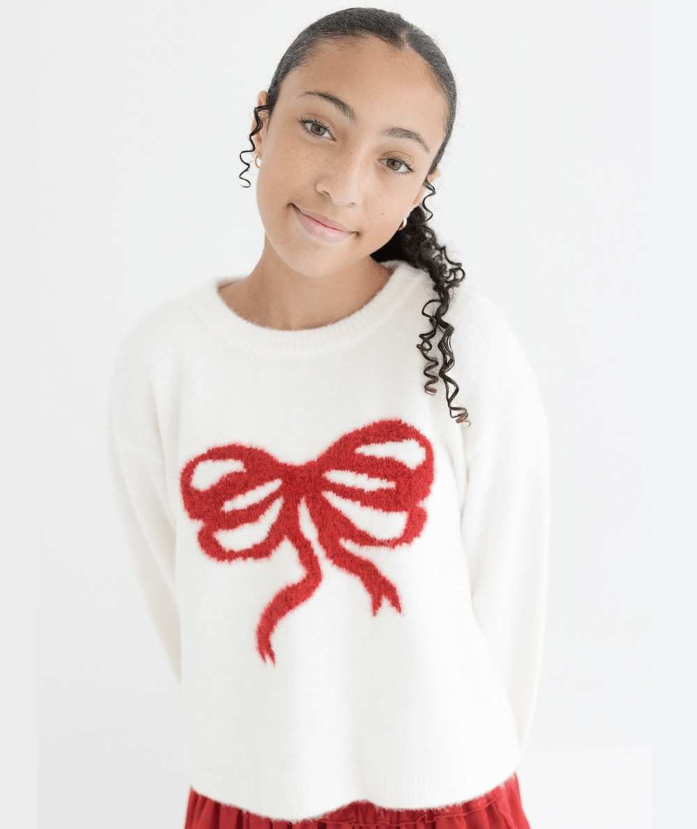 Tween Maggie Sweater In Ivory With Red Bow - CAKEWISH