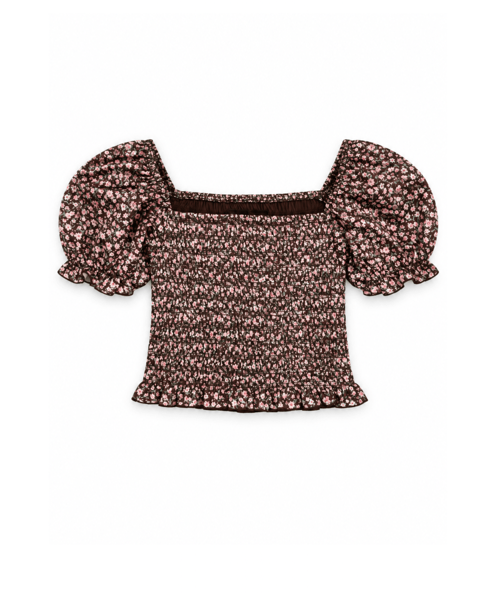 KatieJ NYC Tween Marlee Puff Sleeve Floral Satin Top in Espresso Floral - CAKEWISH