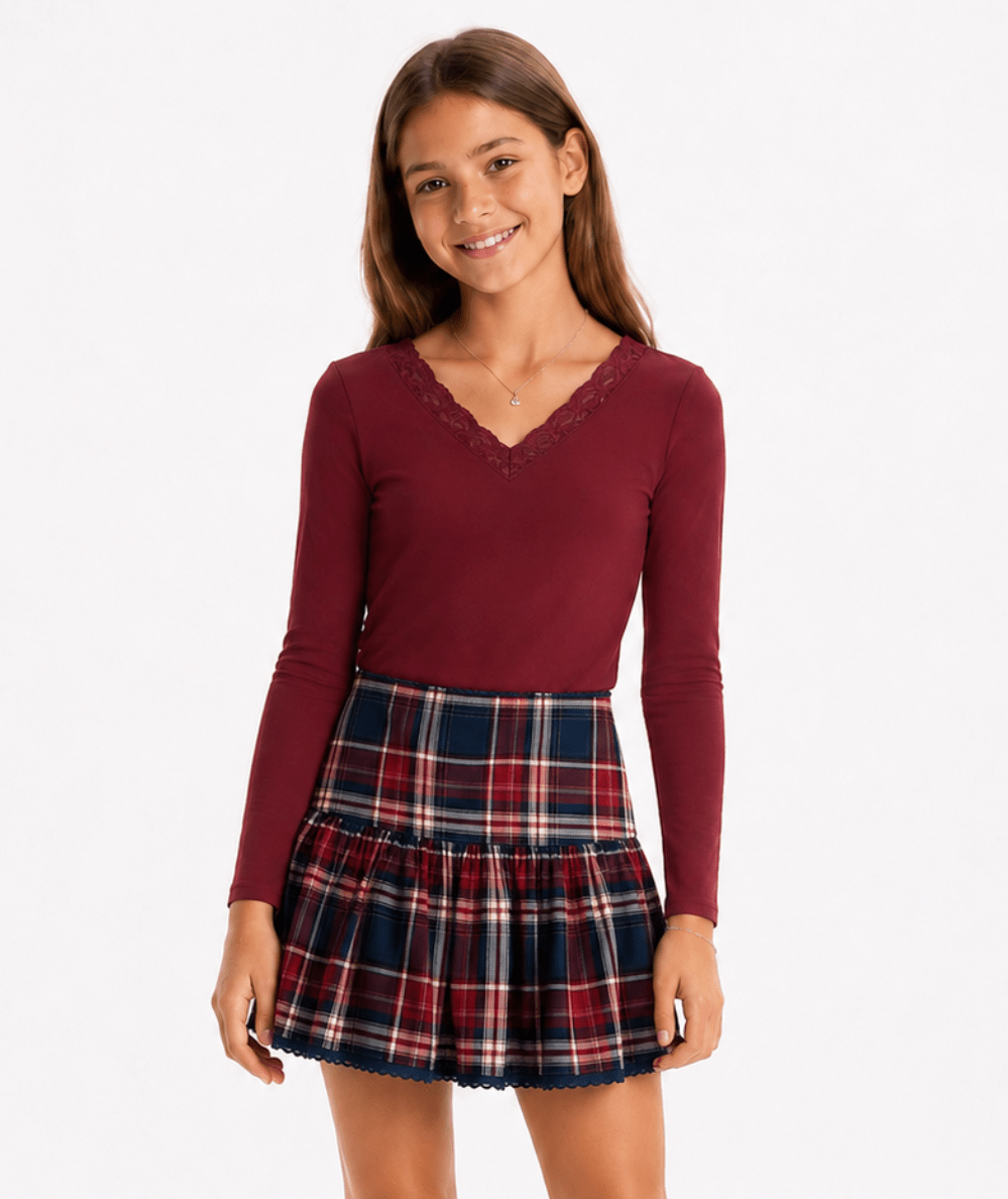 Model wearing the KatieJ NYC Tween Melissa Long Sleeve V Neck Tee with Lace Detail - CAKEWISH