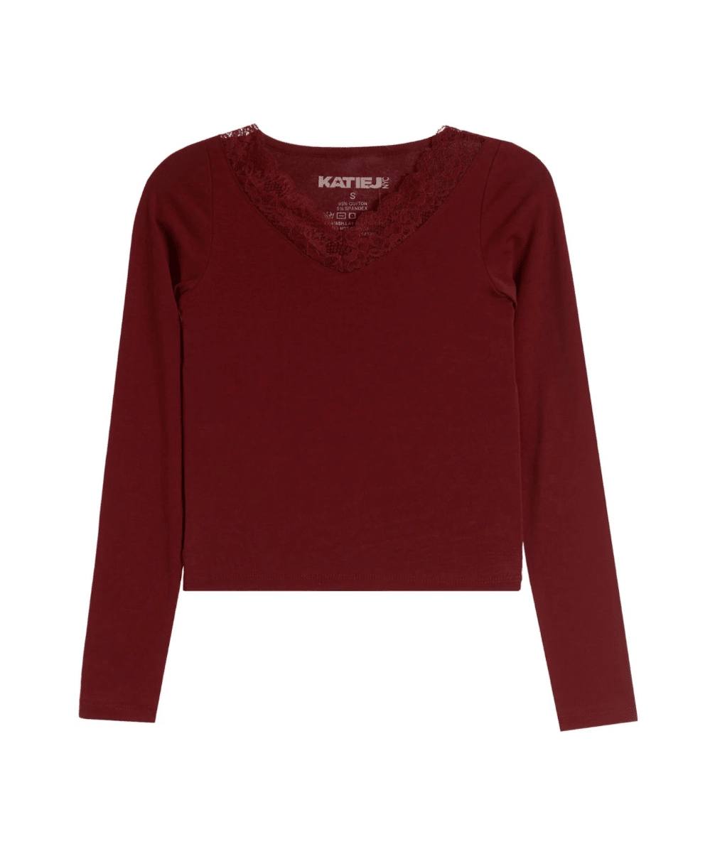 Tween Melissa Long Sleeve V Neck Tee with Lace Detail - CAKEWISH