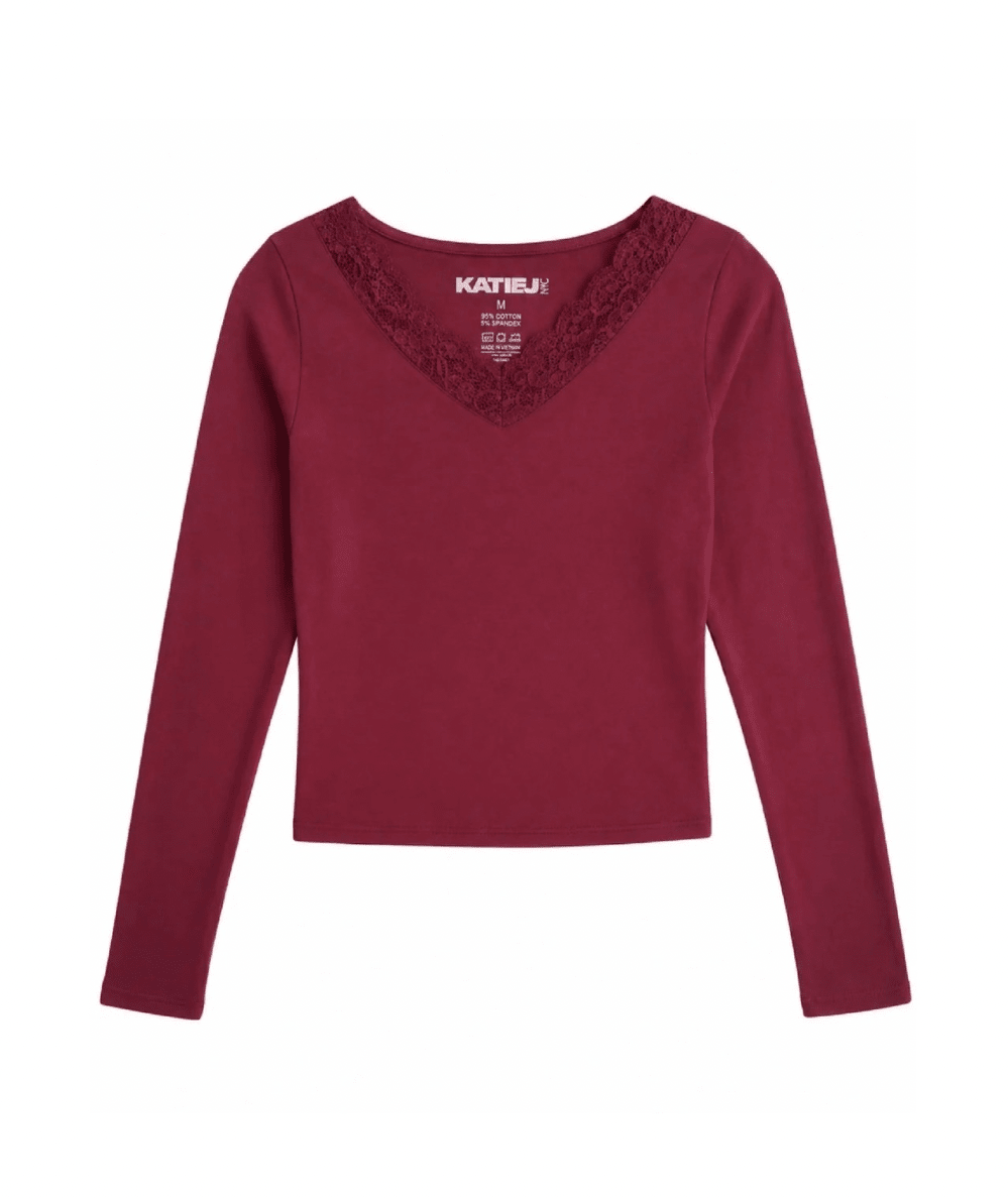 KatieJ NYC Tween Melissa Long Sleeve V Neck Tee in Burgundy with Lace Detail  at neck - CAKEWISH