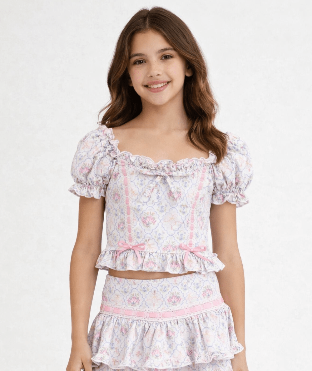 Tween Michelle Floral Puff Sleeve Ribbon Detail Top - CAKEWISH