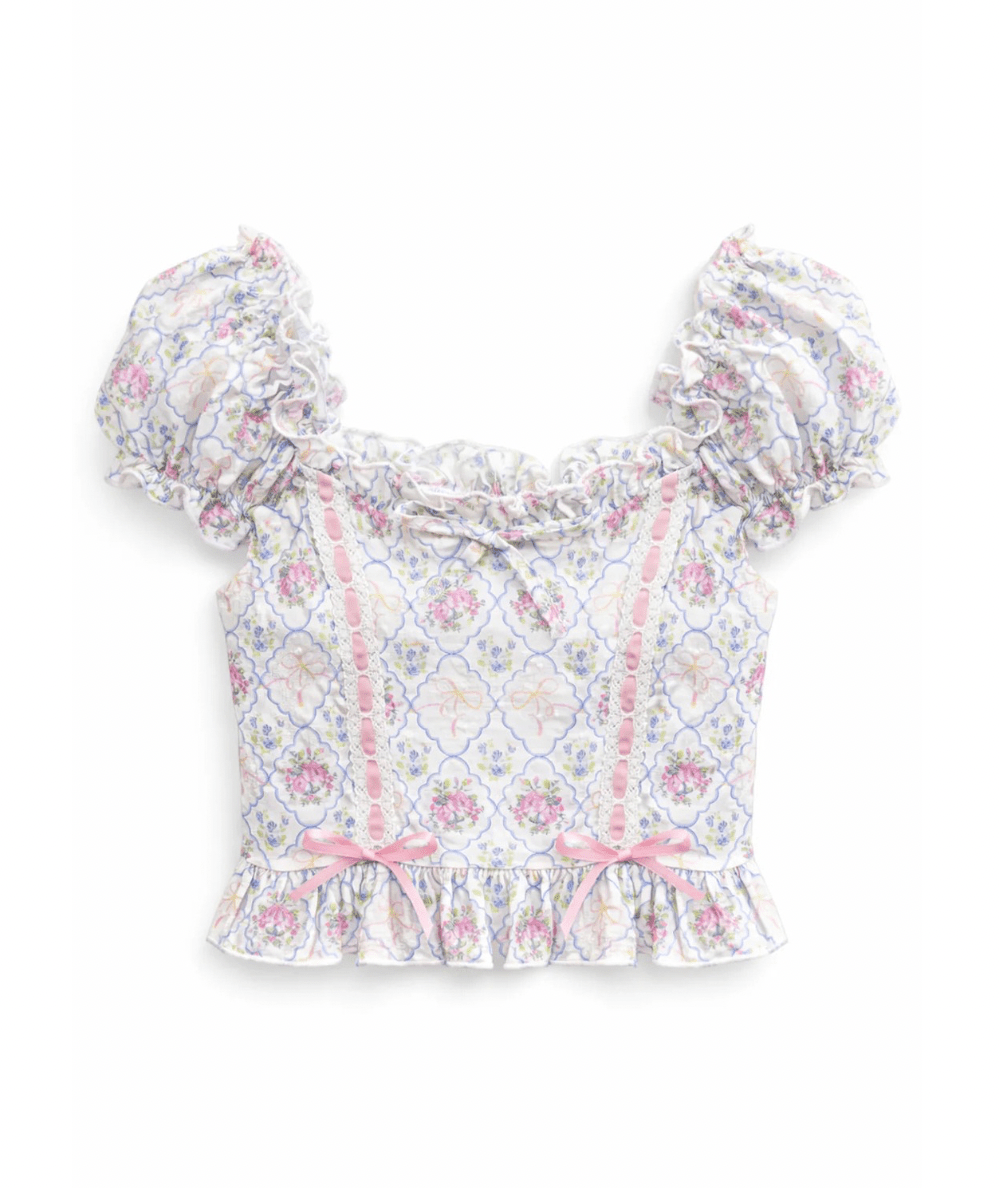 Tween Michelle Floral Puff Sleeve Ribbon Detail Top - CAKEWISH