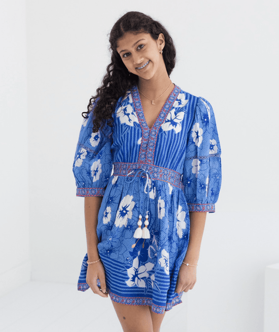 tween mini dress Bell Miley Long Sleeve 12 / Blue White Flowers 100% cotton lawn lining 27MU Modern Muse 2026 Women V Neck Color:Silver-dress