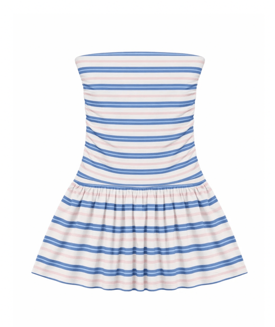 KatieJ NYC Tween Milo Strapless Drop Waist Dress | CAKEWISH L (12) / Blue Multi Stripe