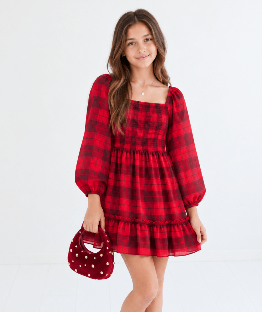Tween Molly Long Sleeve Berry Plaid Dress - CAKEWISH
