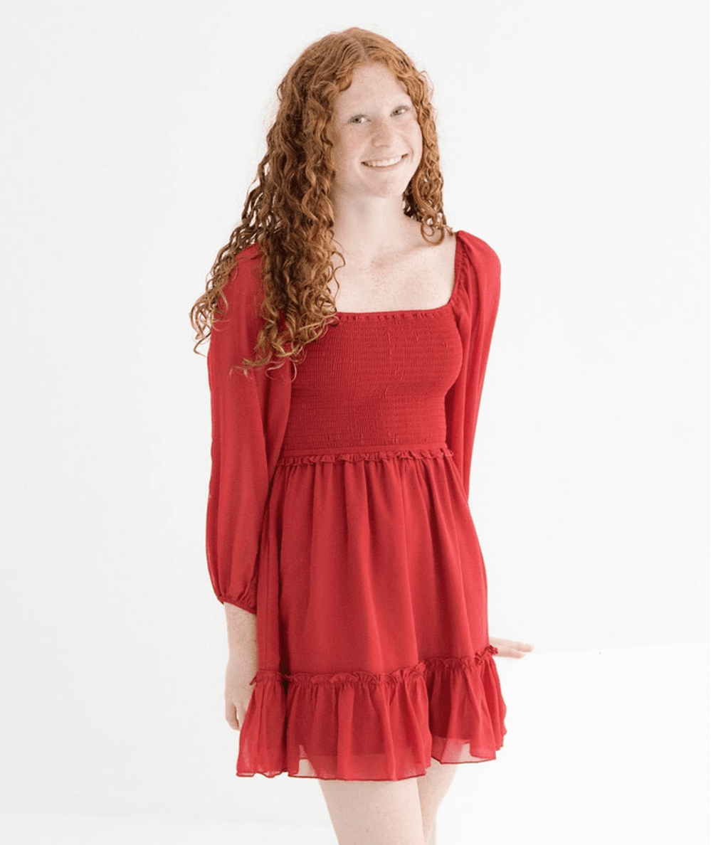 KatieJ NYC Tween Molly Long Sleeve Silky Georgette Dress in Red Silky Georgette featuring smocked bodice - CAKEWISH.
