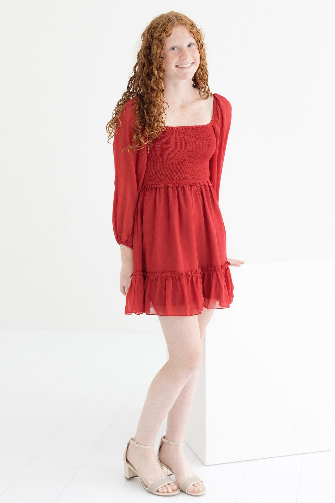 KatieJ NYC Junior Molly Dress Red Silky Georgette Long Sleeve Red Silky Georgette / M