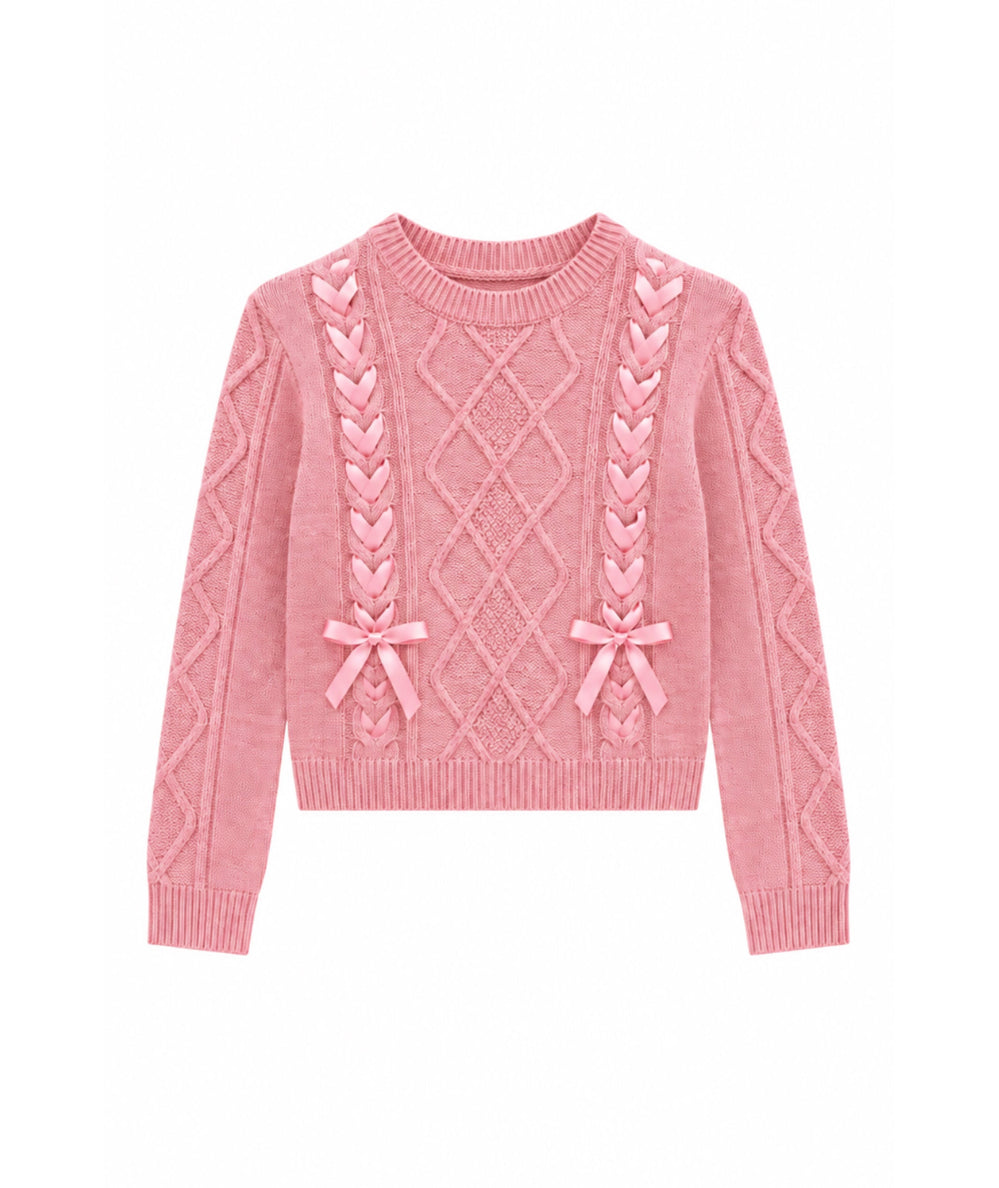 Baby Pink Monroe crew neck cable knit sweater with satin lace-up ribbon detail, by KatieJ NYC - CAKEWISH