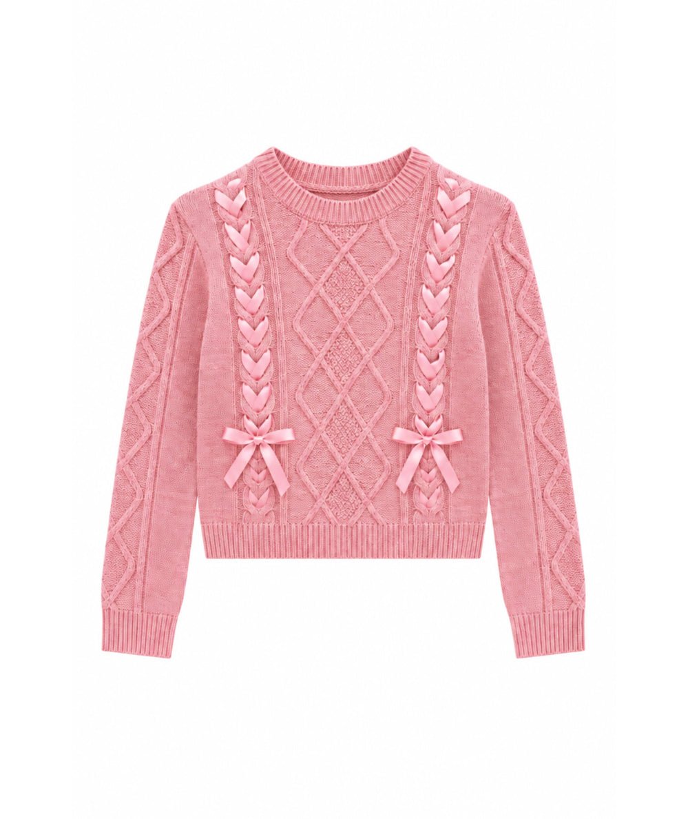 Tween Monroe Cable Knit Ribbon Sweater - CAKEWISH