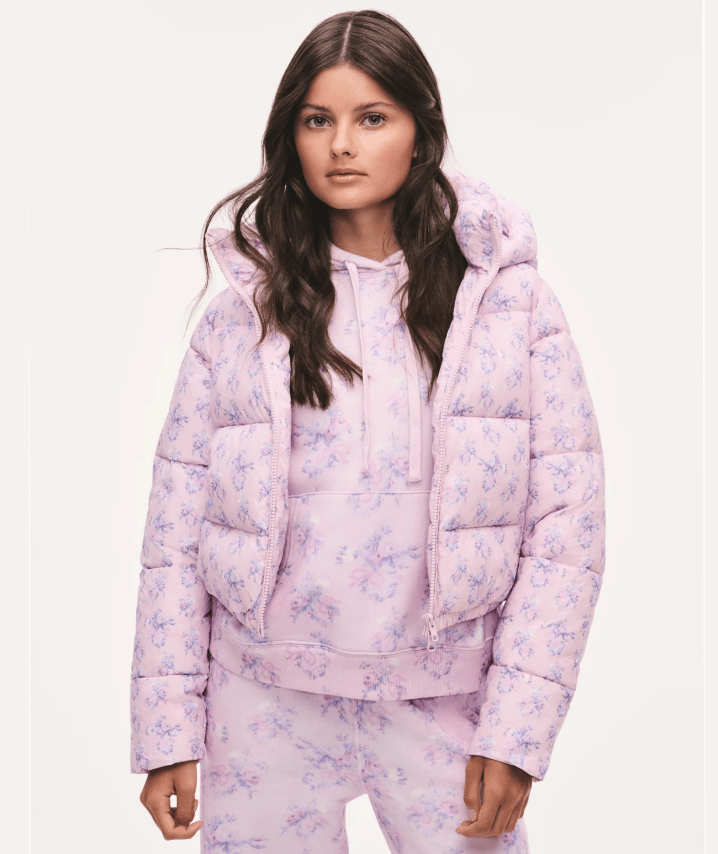 Tween Moore Floral Hooded Puffer Jacket in Iced Mauve - CAKEWISH
