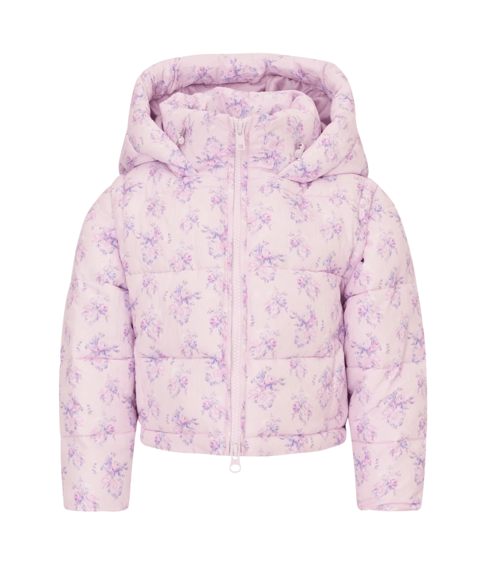 Tween Moore Floral Hooded Puffer Jacket in Iced Mauve - CAKEWISH