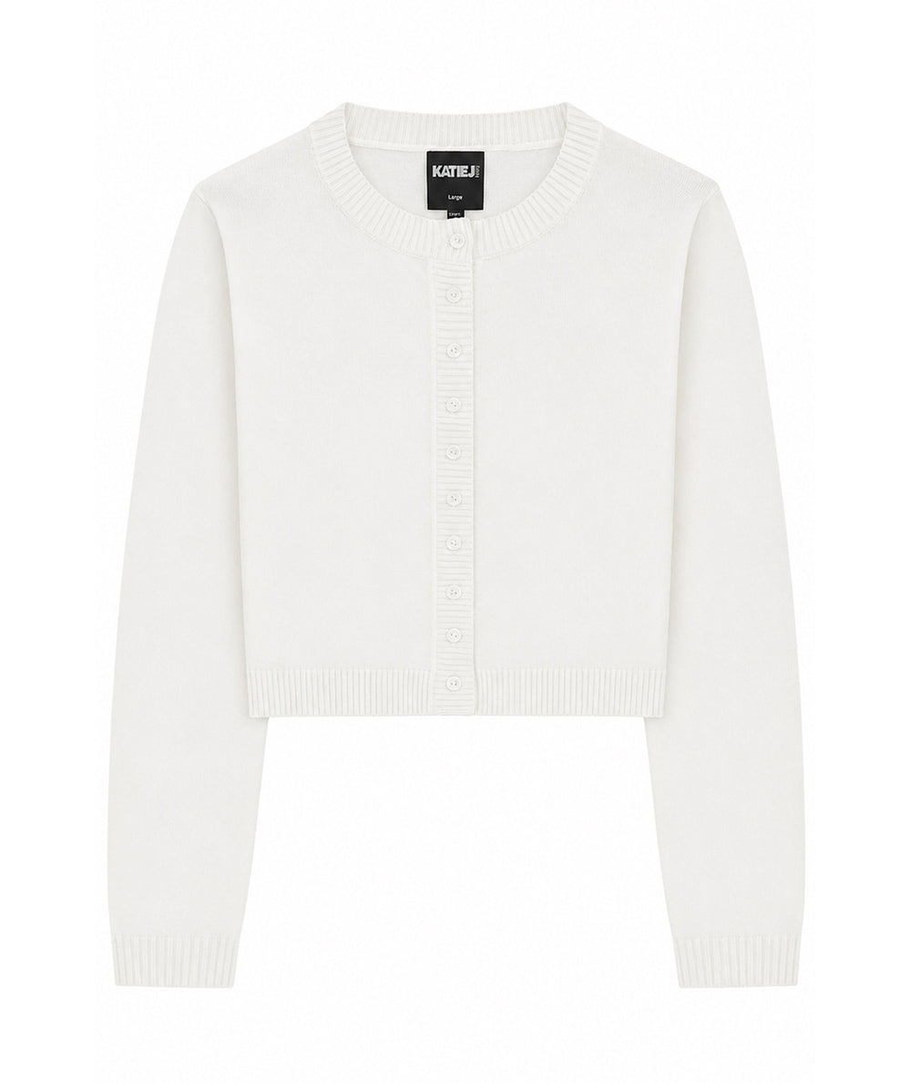 Cream cropped knit cardigan with button front and ribbed trim for tween girls, by KatieJ NYC - CAKEWISH