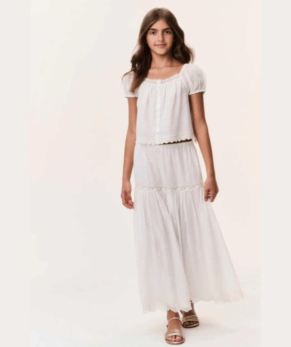 LoveShackFancy Tween Norael tiered maxi skirt with lace trim in white - CAKEWISH