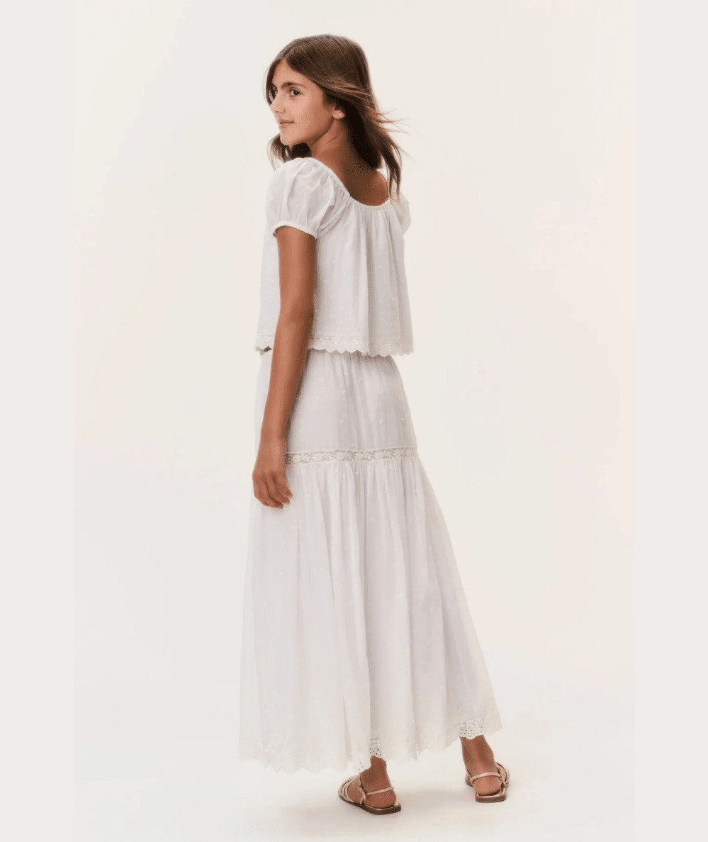 White cotton Norael maxi skirt with elastic waist by LoveShackFancy - CAKEWISH