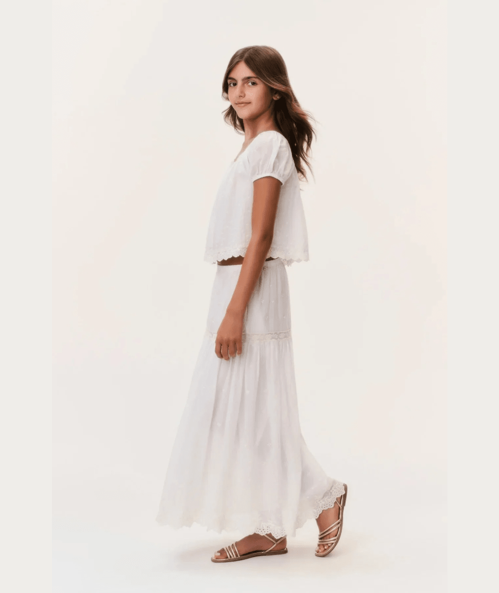 Lace-trimmed tiers on the LoveShackFancy Tween Norael Cotton Maxi Skirt - CAKEWISH