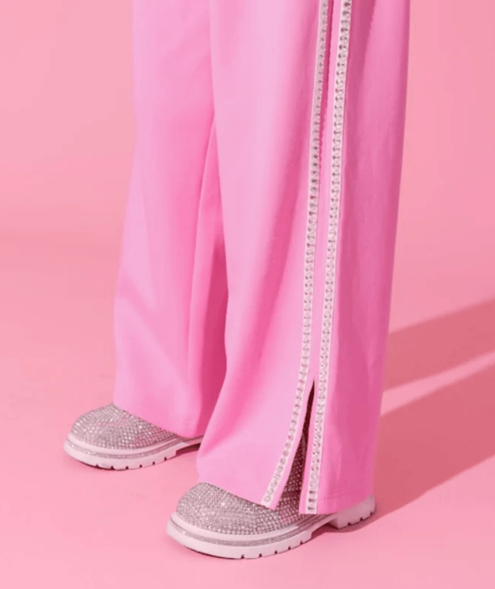 Close up of Lola & the Boys Tween Pink Gem Trim Wide leg Sweatpants - CAKEWISH
