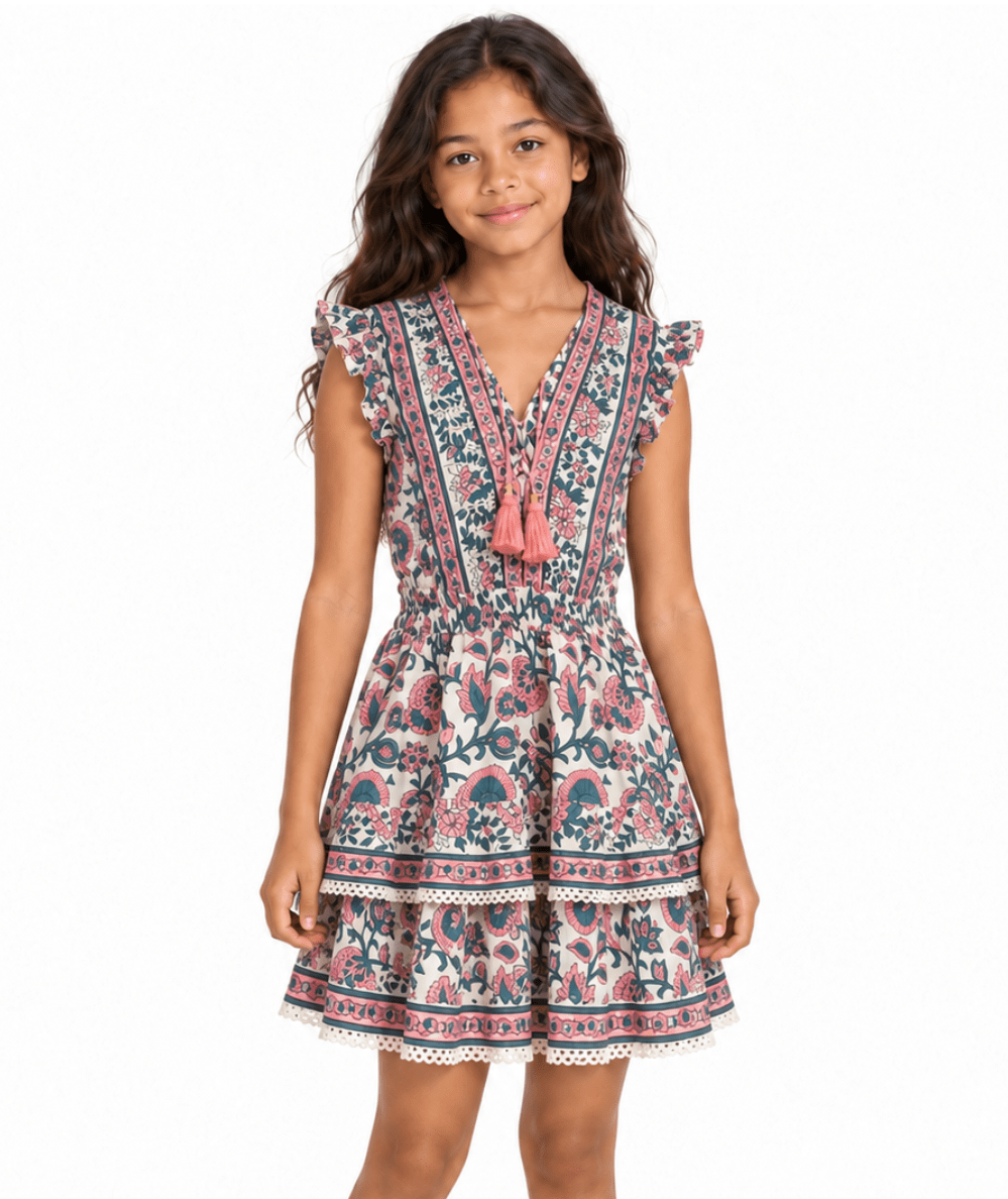 Tween girl in the pink and green Rainey cotton mini dress with ruffle sleeves, tasseled V-neck and tiered skirt by Little Bell - CAKEWISH.