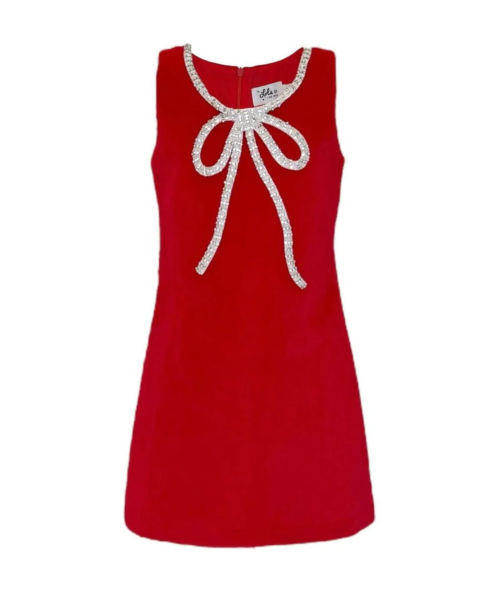 Lola and the Boys Tween Red Velvet Bow Princess Dress with crystal bow neckline, front - CAKEWISH