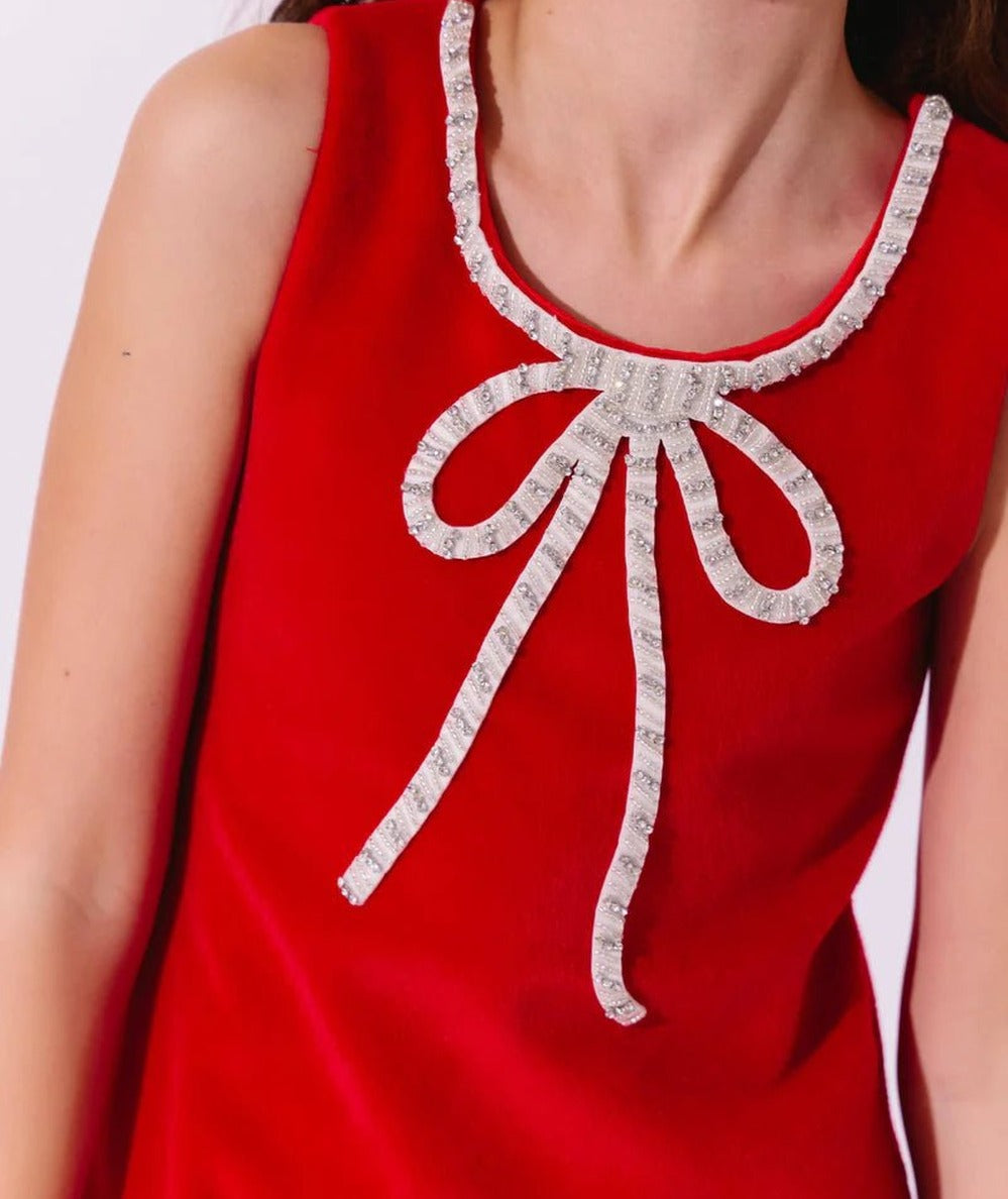 Crystal bow neckline detail on the Lola and the Boys Tween Red Velvet Bow Princess Dress - CAKEWISH