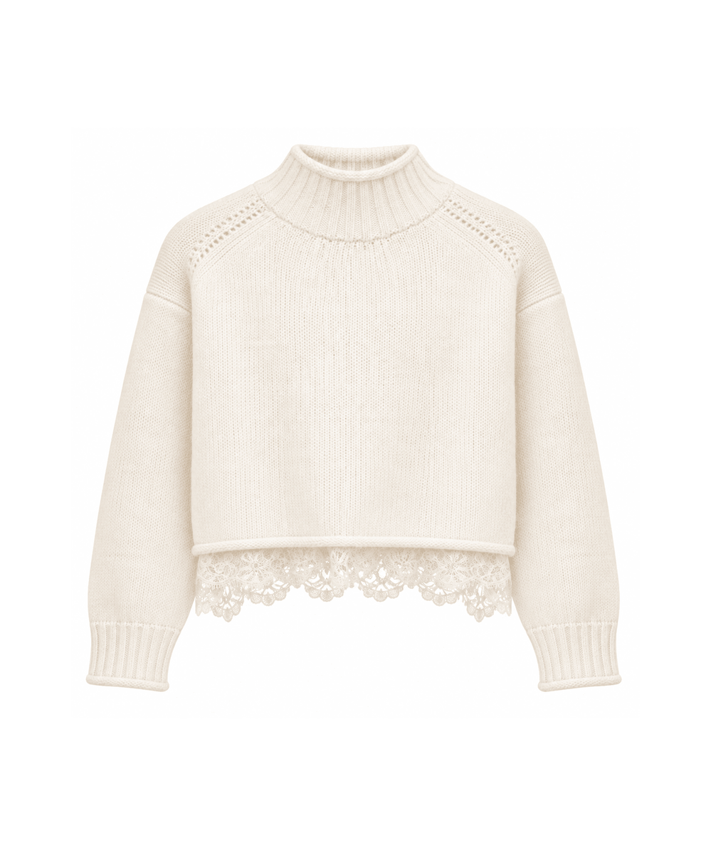 KatieJ NYC Tween Reid Lace Trim Sweater in Cream featuring delicate lace trim hem - CAKEWISH.
