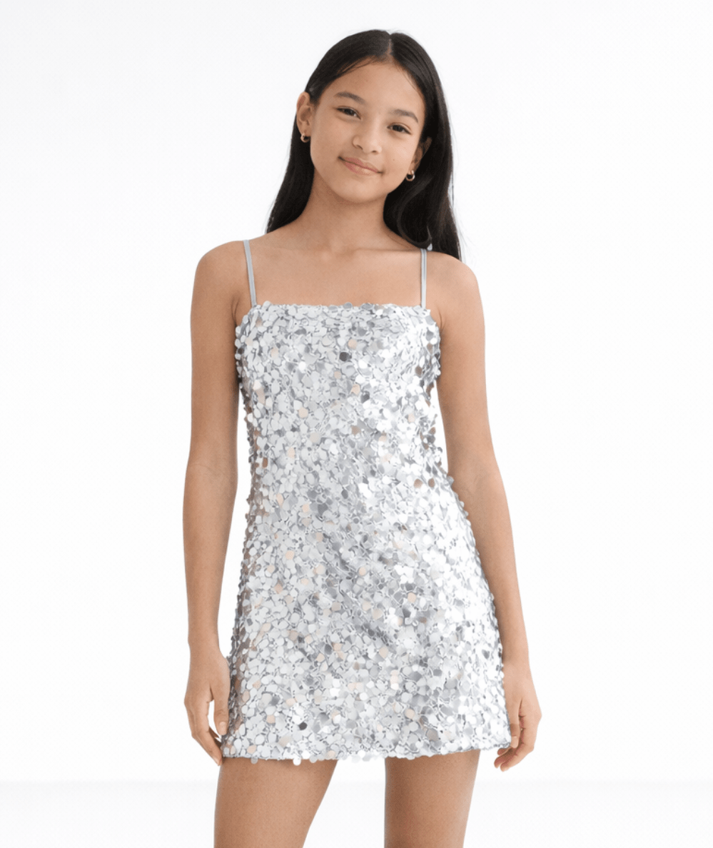KatieJ NYC Tween Robin Sequin Party Dress with Removable Straps Silver – CAKEWISH