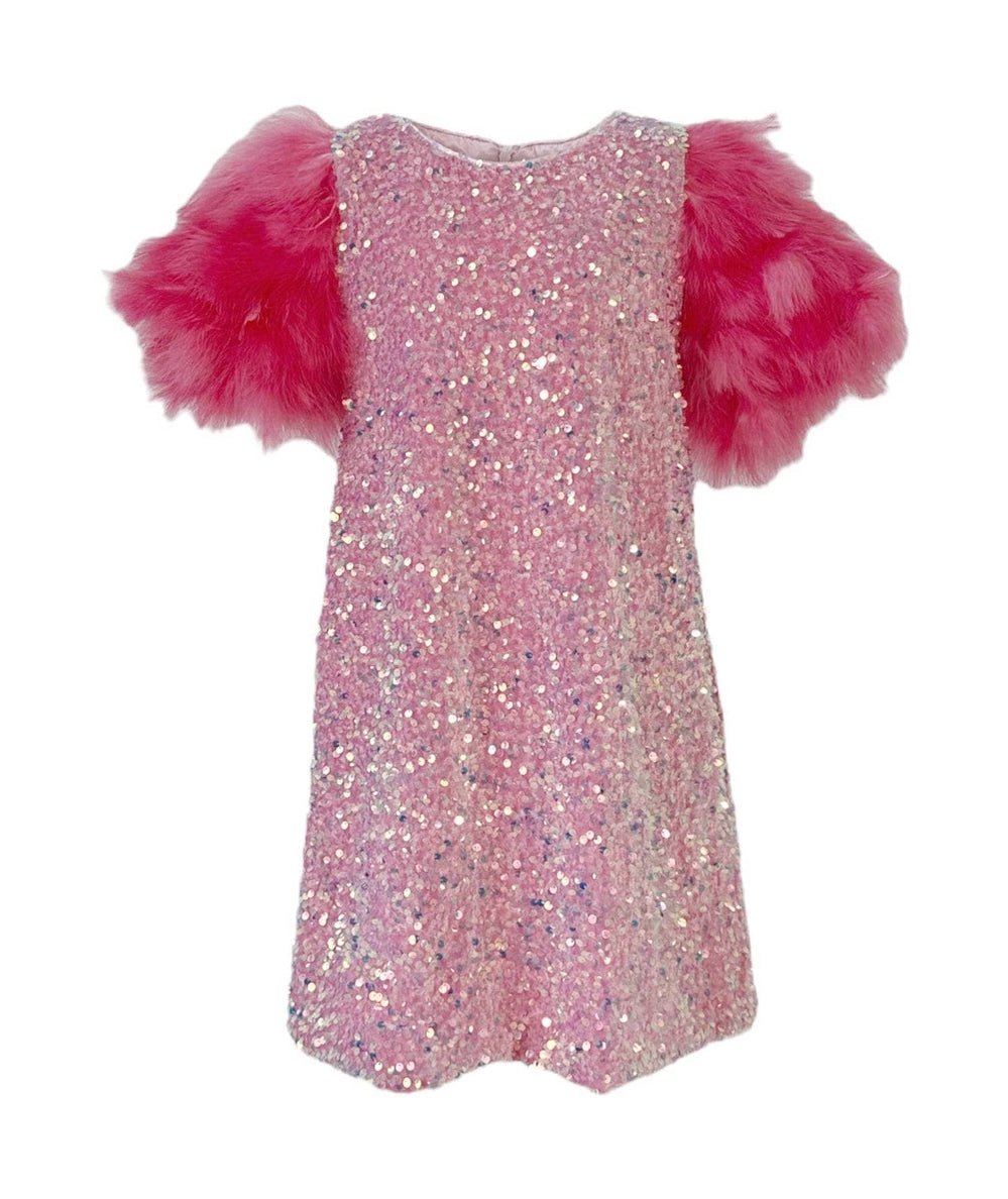 Rose pink sequin Tween Rose Feather Party Dress by Lola and the Boys - CAKEWISH
