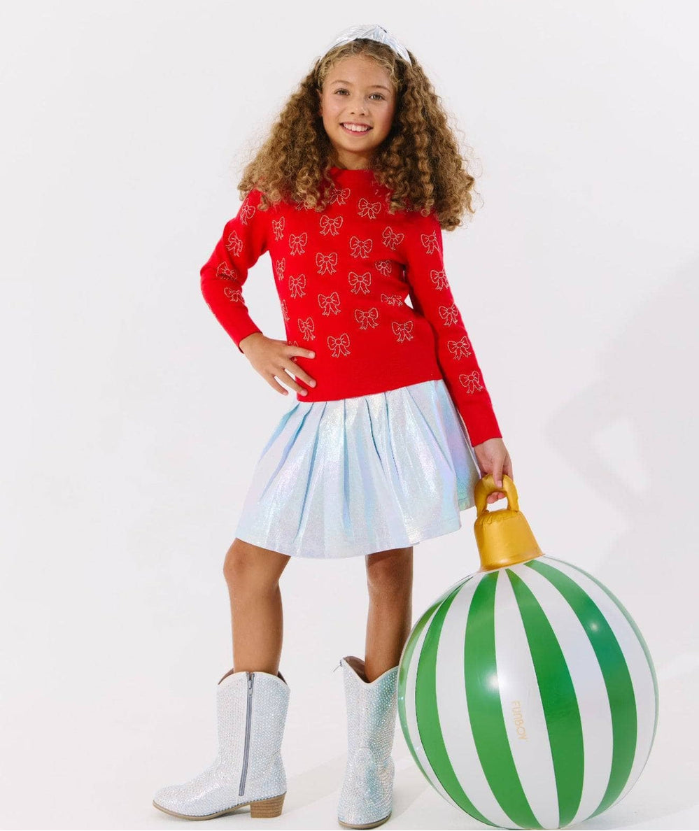 Full length look of the ruby crystal bows sweater with white cowgirl boots by Lola and the Boys - CAKEWISH.