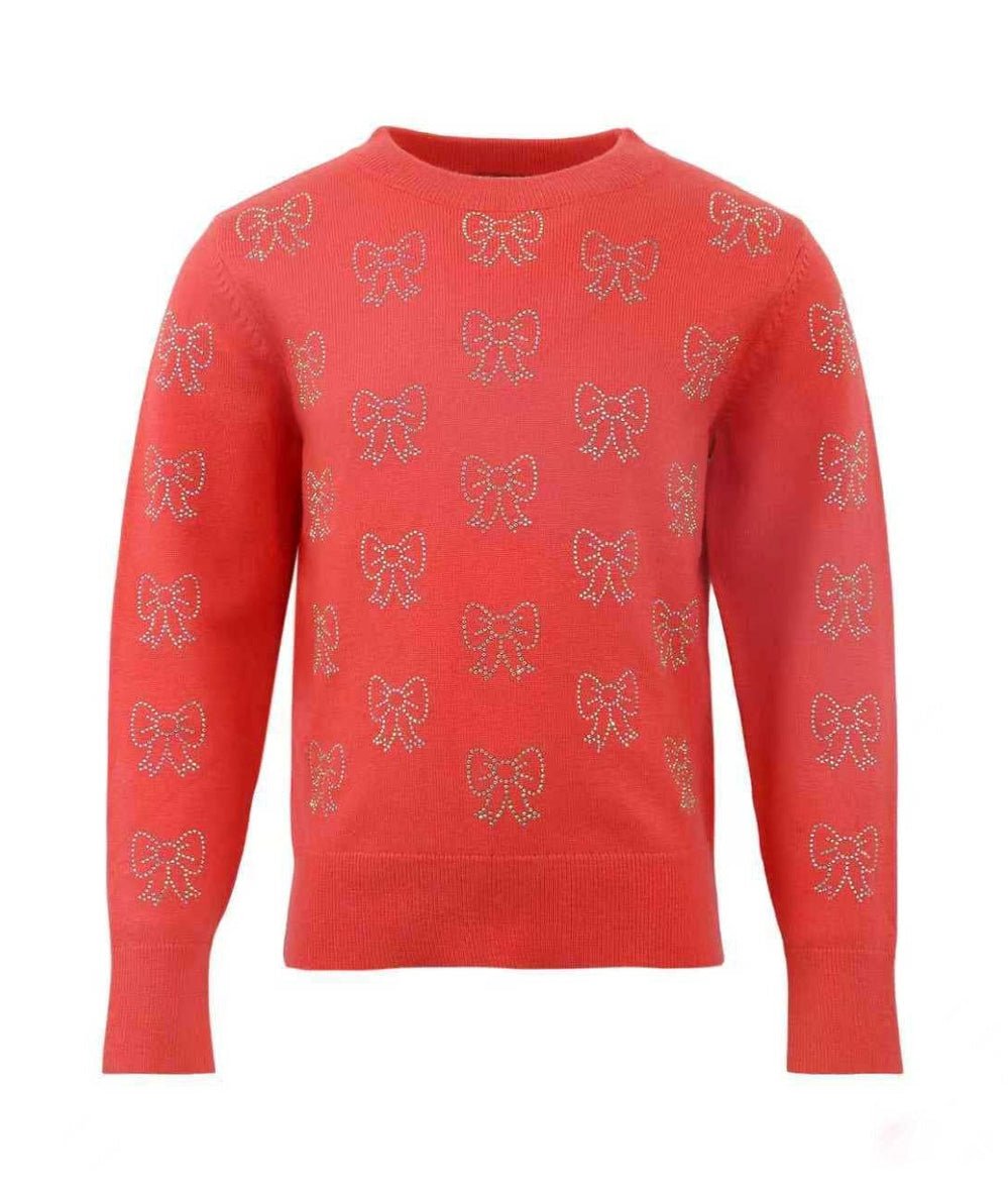 Lola + The Boys Tween Ruby Crystal Bows Sweater in red with crystal bows, front view - CAKEWISH