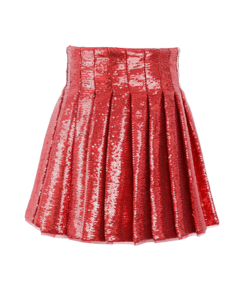 Scarlet red pleated shimmer skirt with high waistband, shown flat by Lola and the Boys - CAKEWISH.
