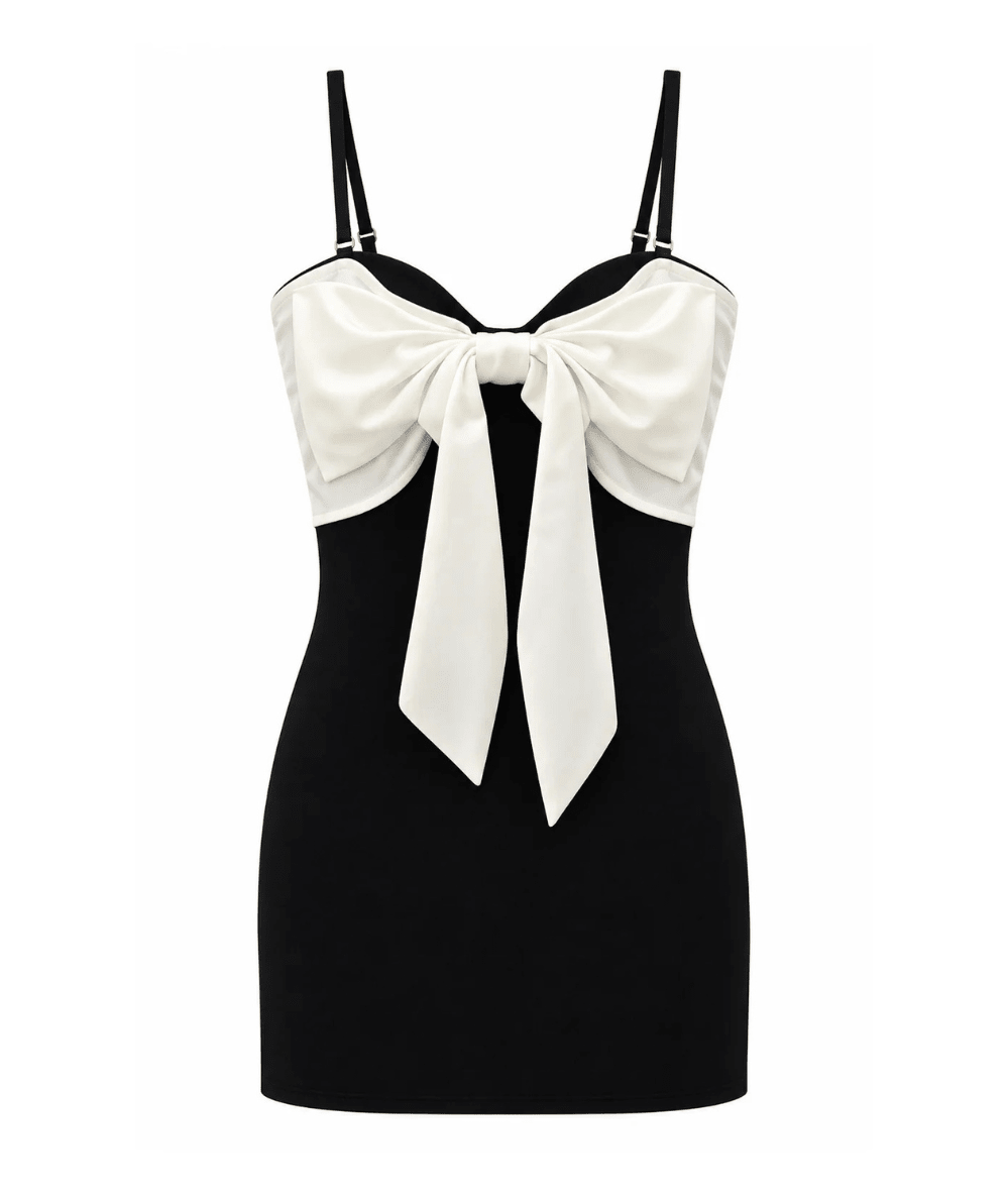 KatieJ NYC Tween Shayla fitted mini bow dress, in Black and Black/Cream - CAKEWISH