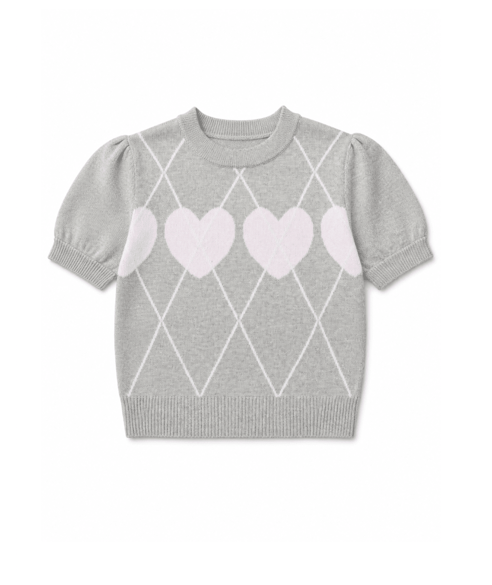 Tween Short Sleeve Heart Argyle Sweater - CAKEWISH