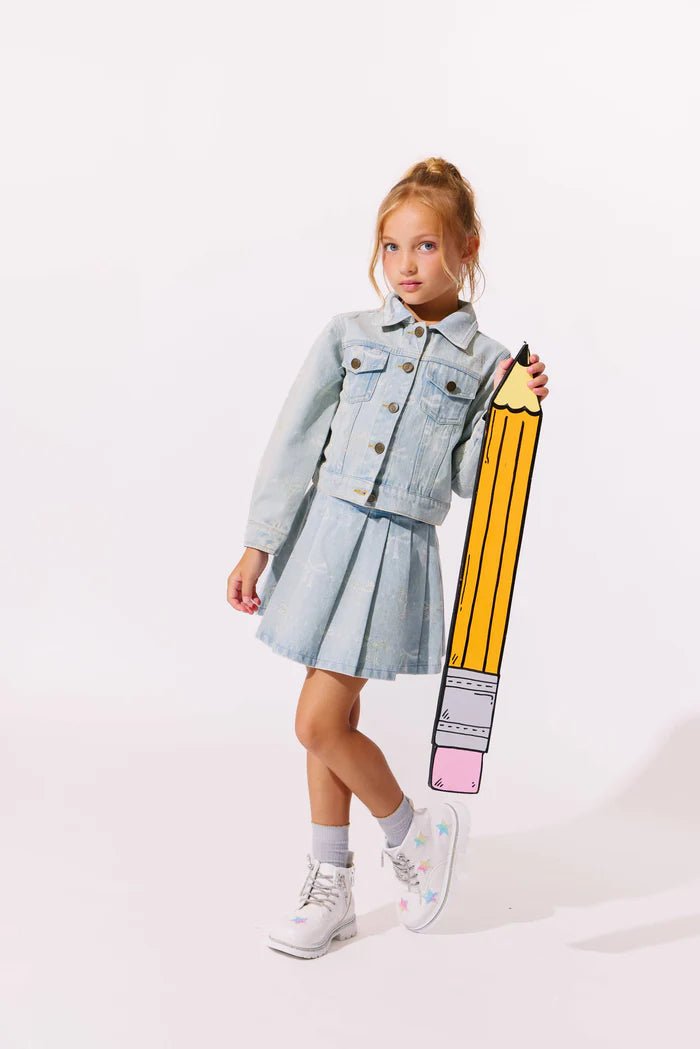 Tween Sparkle Bows Denim Pleated Skirt - CAKEWISH