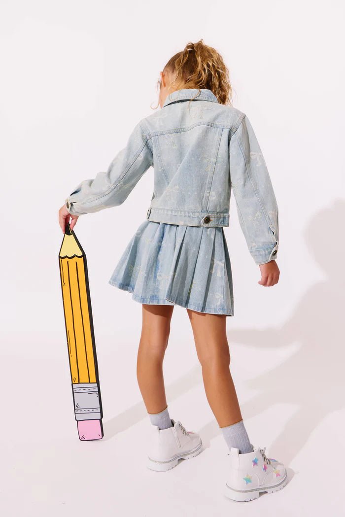 Tween Sparkle Bows Denim Pleated Skirt - CAKEWISH