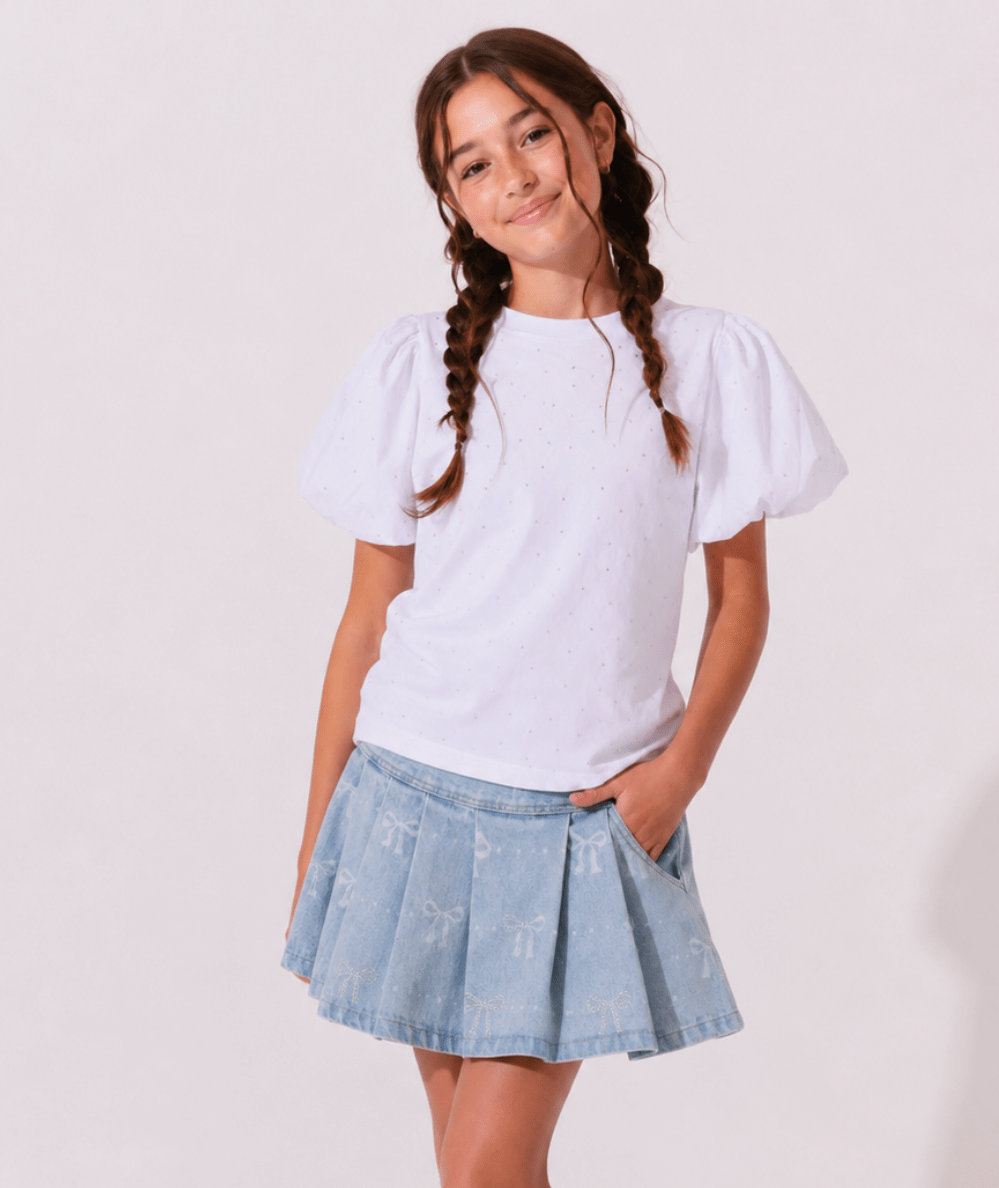 Tween Sparkle Bows Denim Pleated Skirt - CAKEWISH